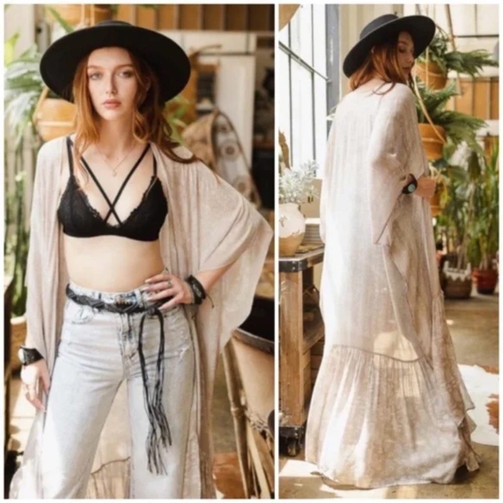 Gray Paisley Tapestry Free Flow Kimono Open Duster Coverup Wrap Top